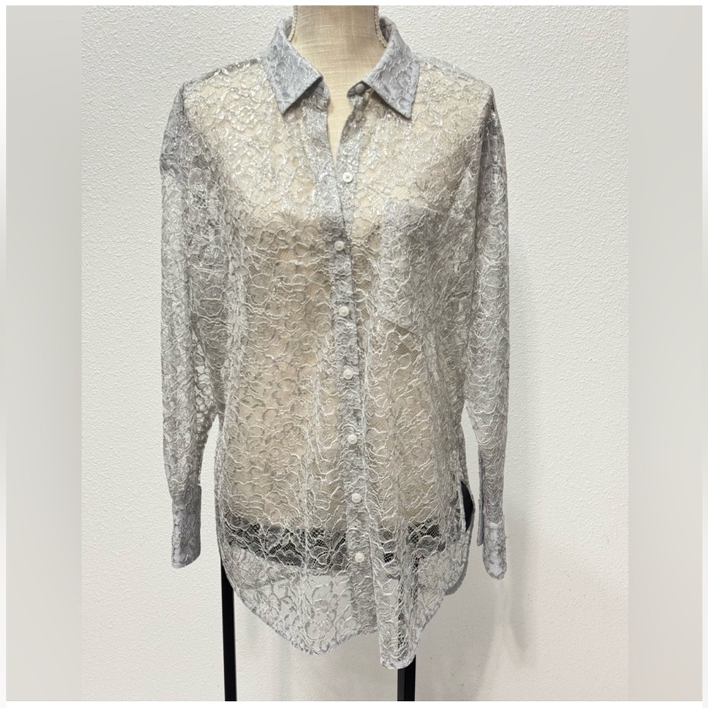 Anthropologie Silver Metallic Lace Button Down Shirt Long Sleeve Oversized Small